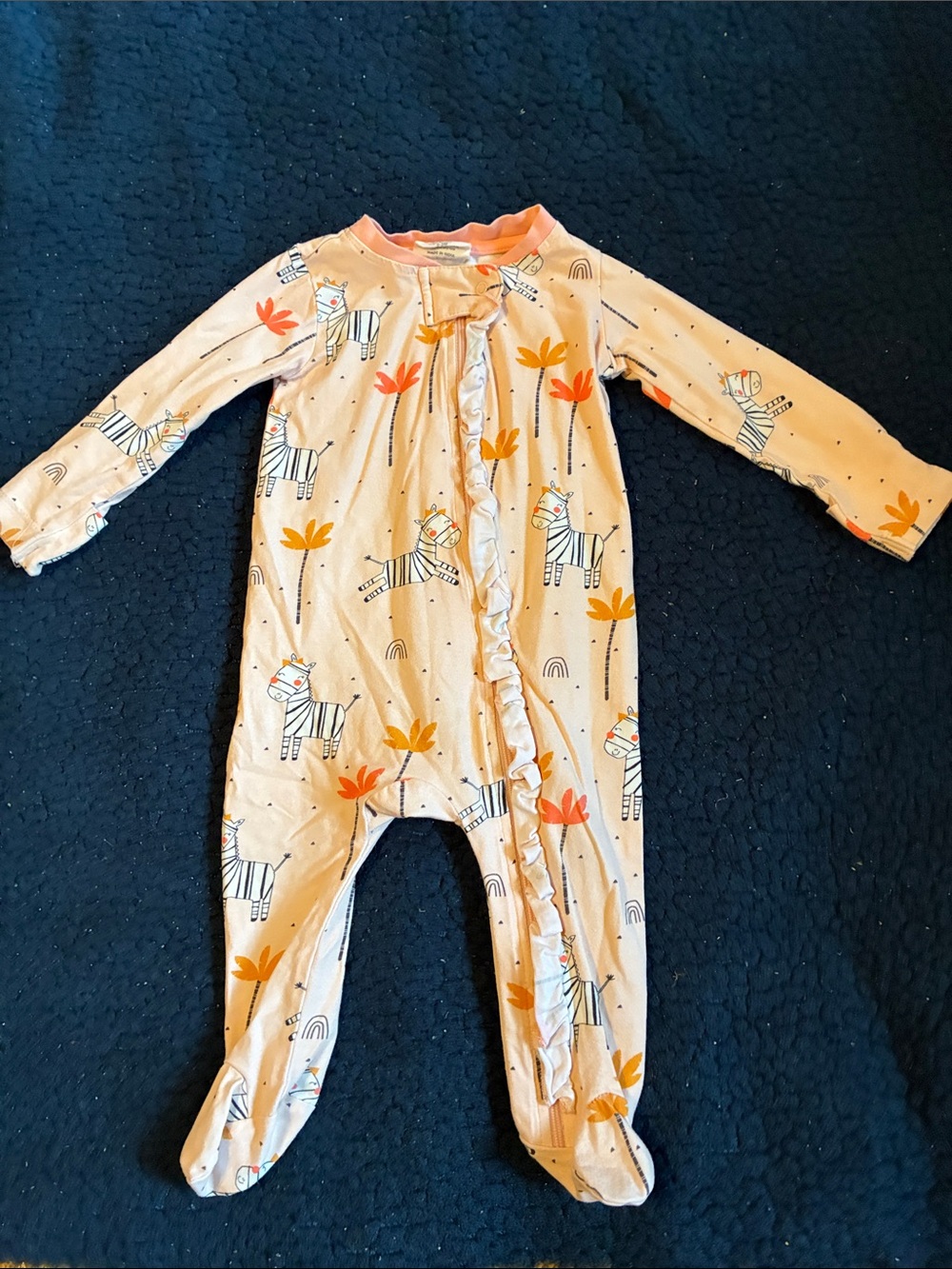 Viverano Baby Footed One-Piece Pajamas in Peach with Zebra Print